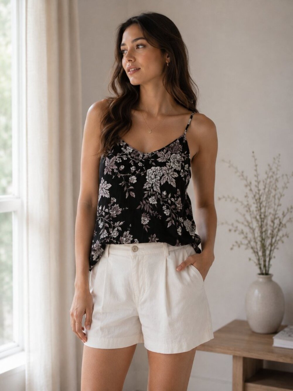 Wilfred Black Pink Floral Silk Camisole Spaghetti Strap Top S 0782